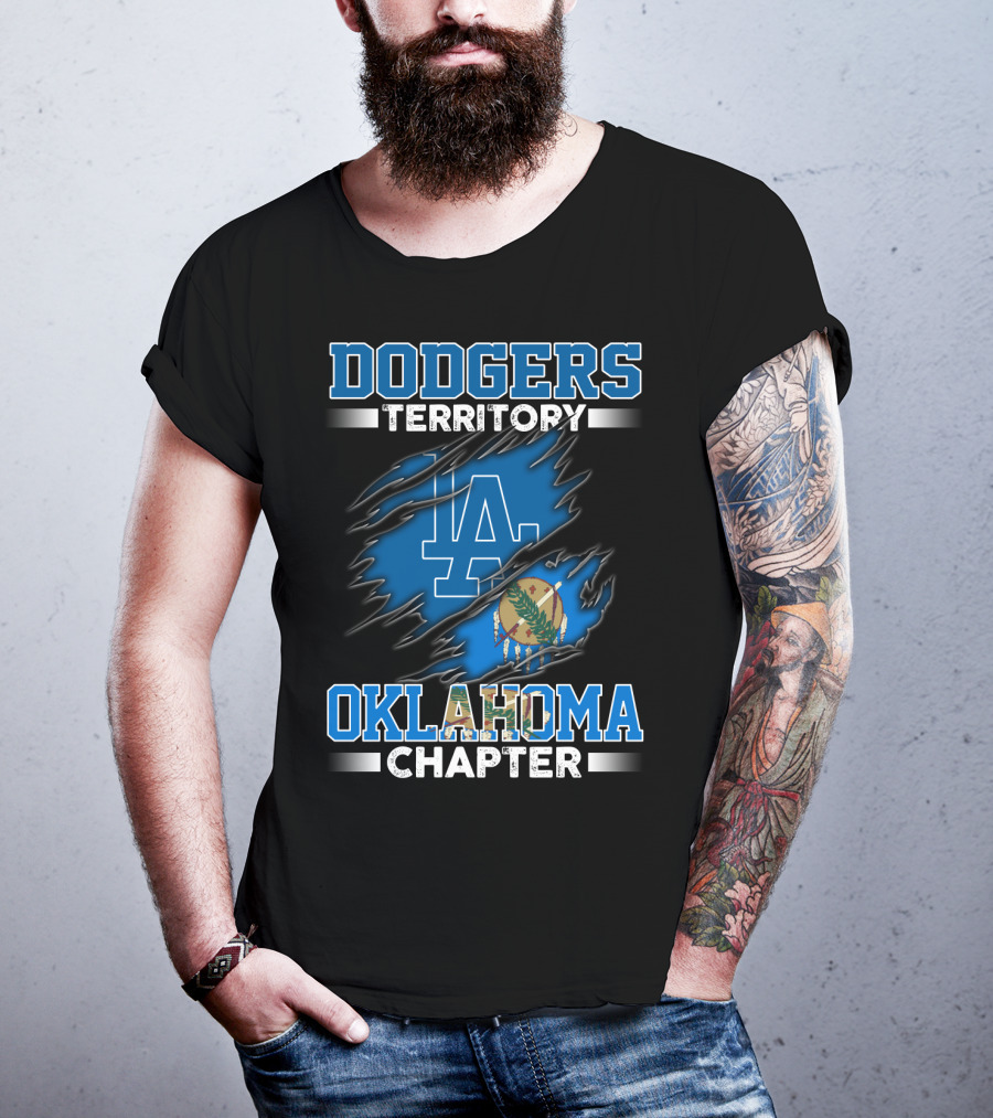 Dodgers Territory Oklahoma Chapter LA Logo Ripped Flag T-Shirt