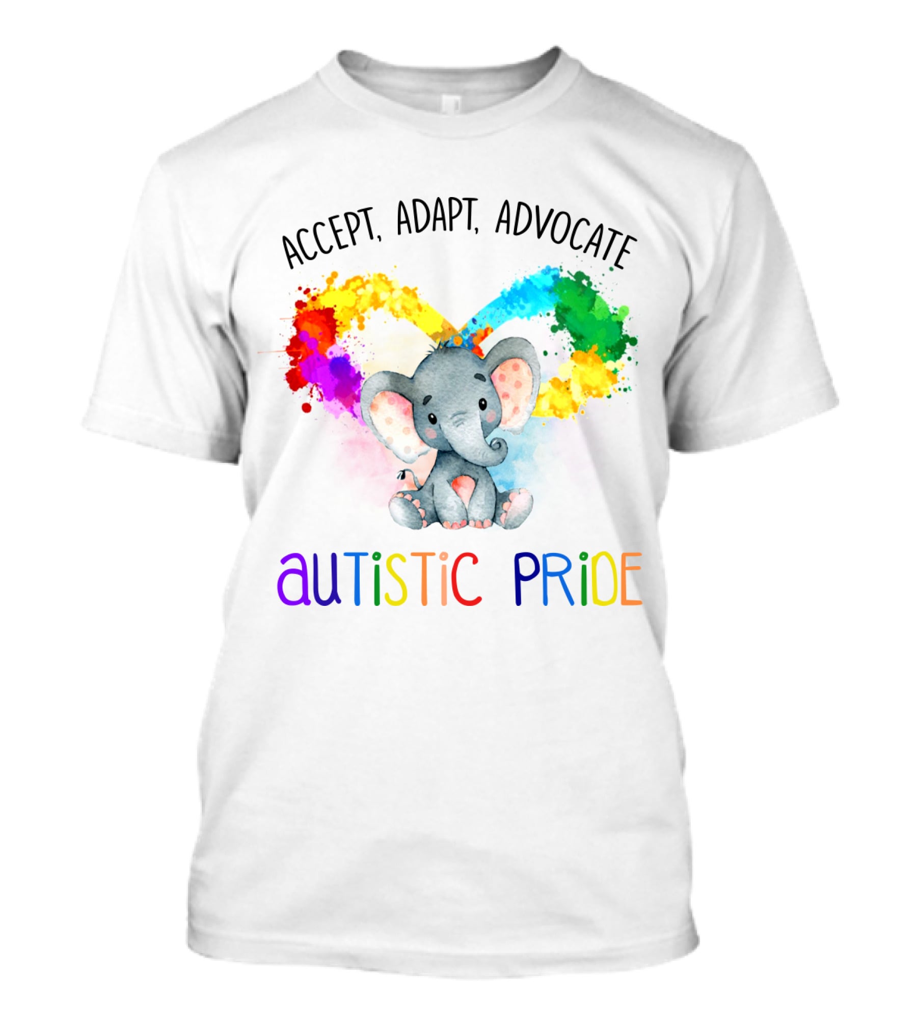 Accept, Adapt, Advocate Autistic Pride Colorful Elephant T-Shirt