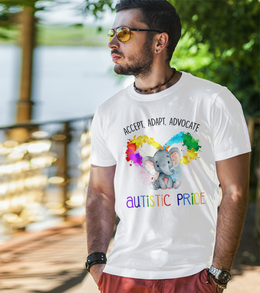 Accept, Adapt, Advocate Autistic Pride Colorful Elephant T-Shirt