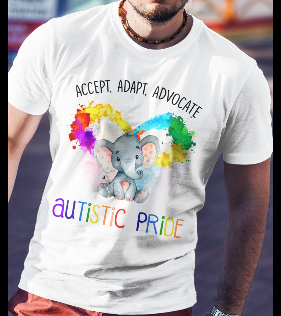 Accept, Adapt, Advocate Autistic Pride Colorful Elephant T-Shirt