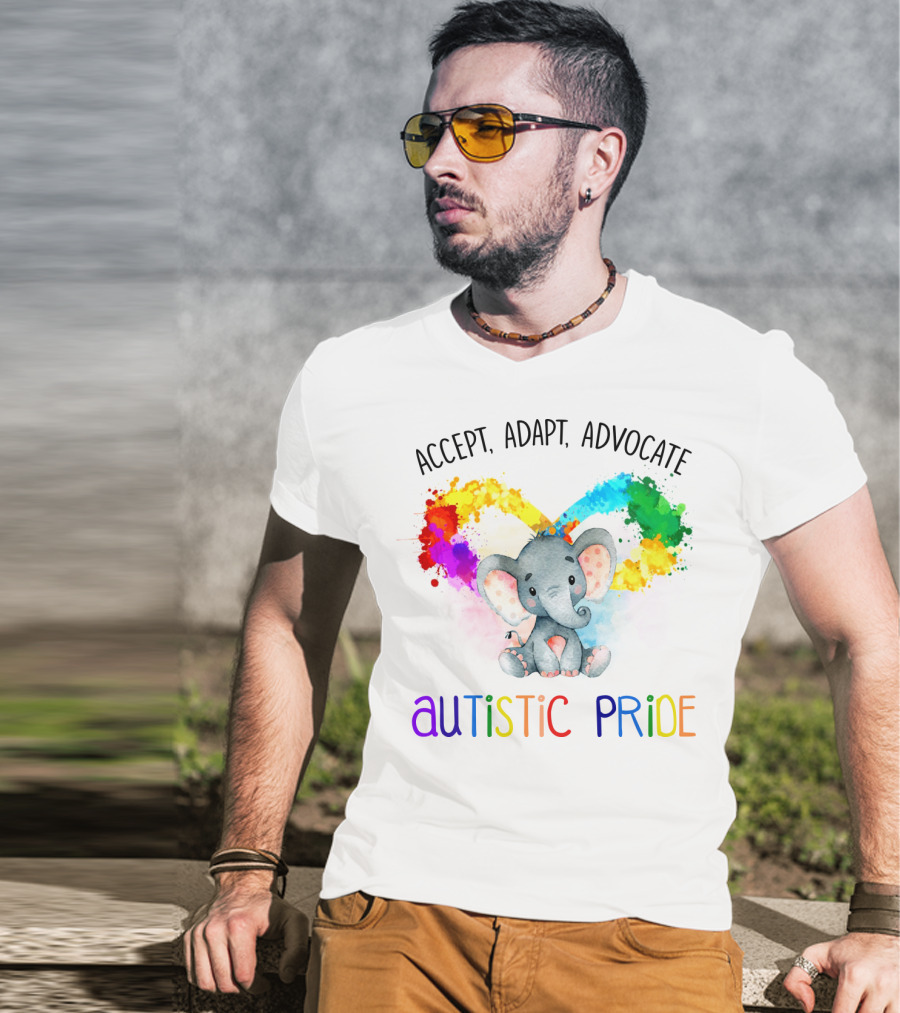 Accept, Adapt, Advocate Autistic Pride Colorful Elephant T-Shirt