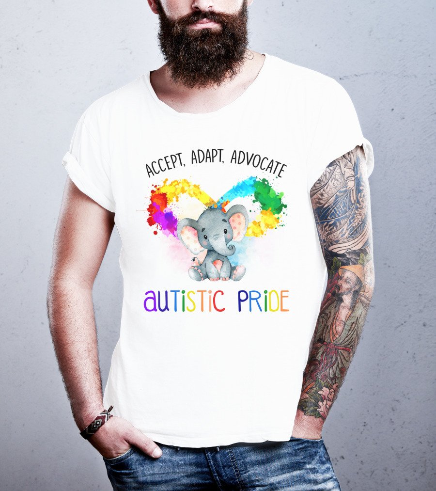 Accept, Adapt, Advocate Autistic Pride Colorful Elephant T-Shirt