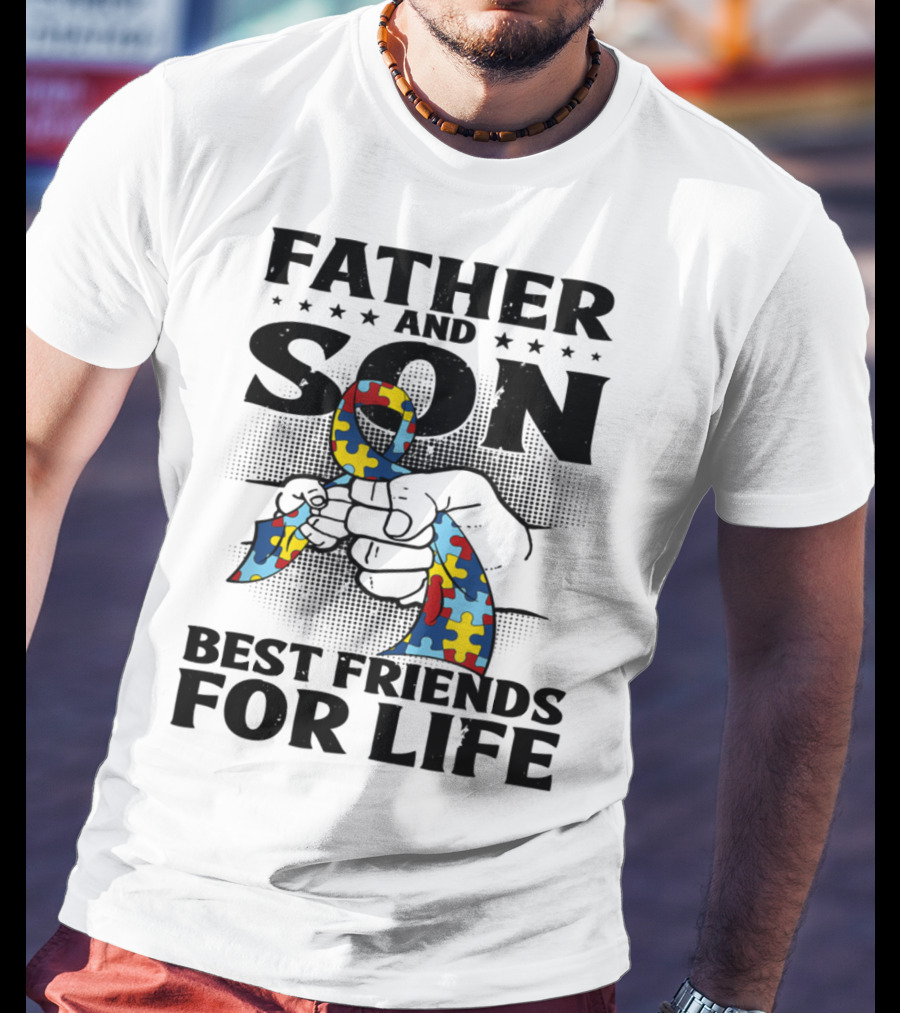 Father And Son Best Friends For Life Autism Puzzle Ribbon Fist Bump T-Shirt