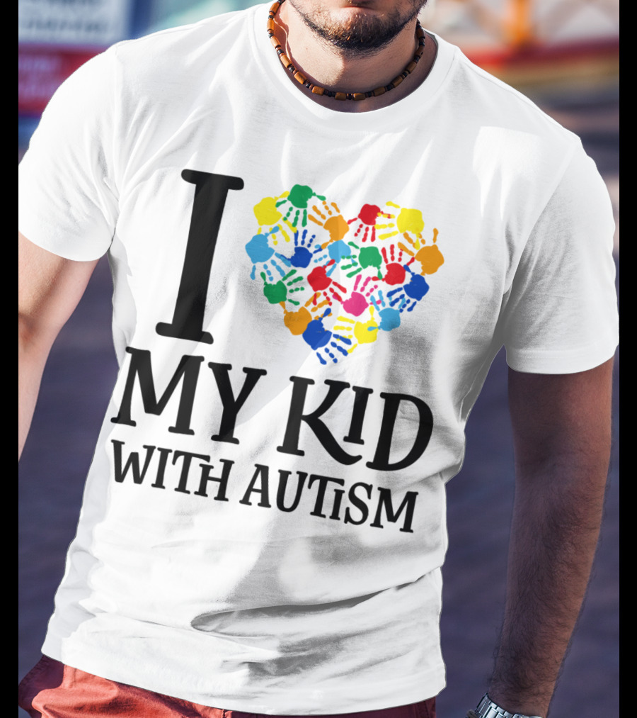 I Heart My Kid With Autism Multicolor Handprints T-Shirt