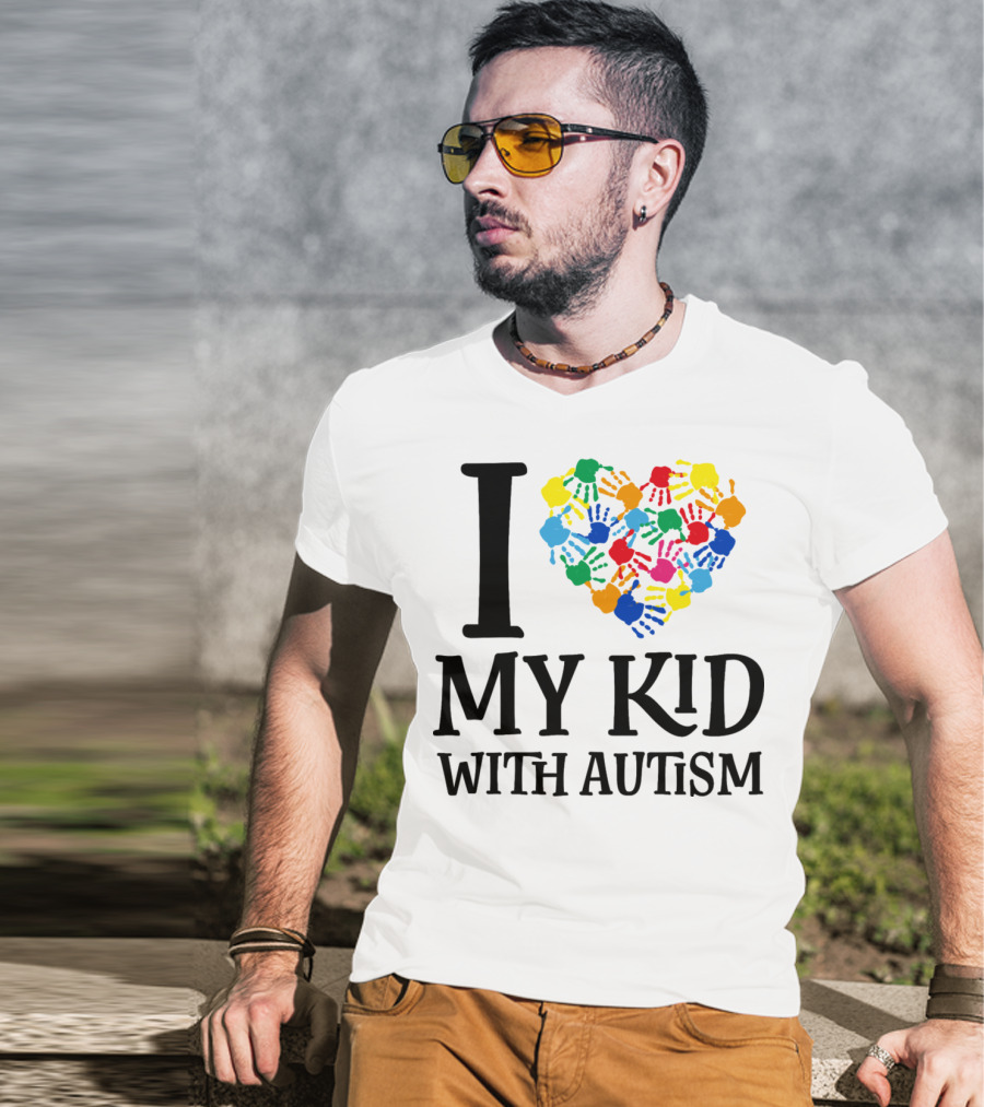 I Heart My Kid With Autism Multicolor Handprints T-Shirt