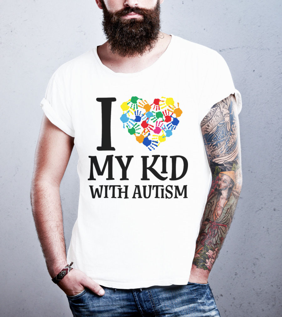 I Heart My Kid With Autism Multicolor Handprints T-Shirt