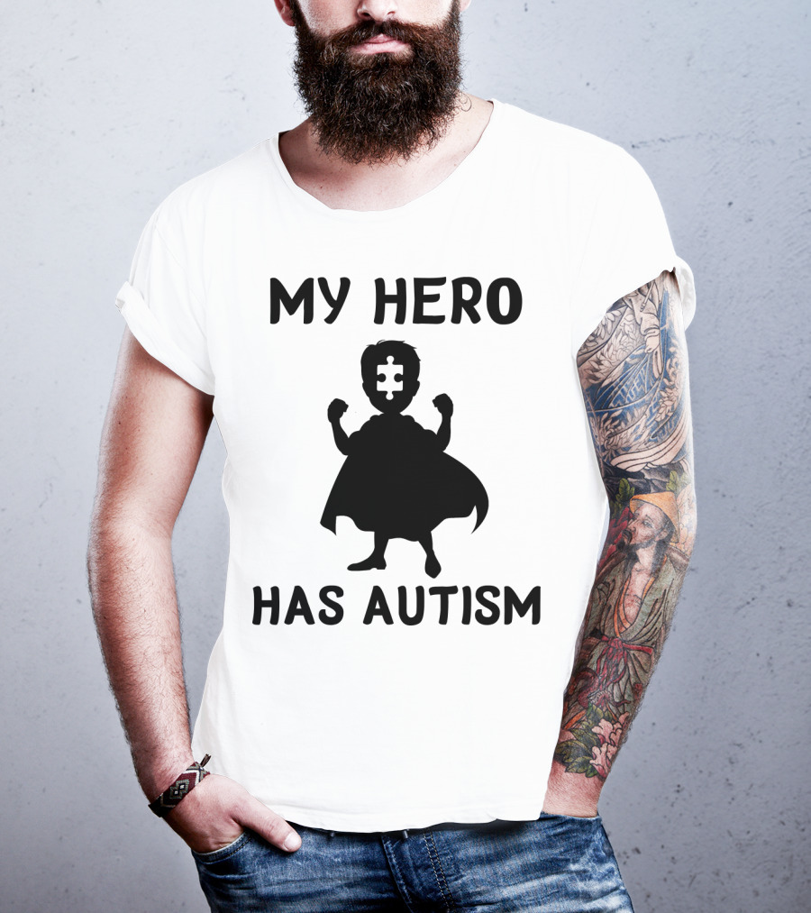 My Hero Has Autism Silhouette With Puzzle Piece Face T-Shirt