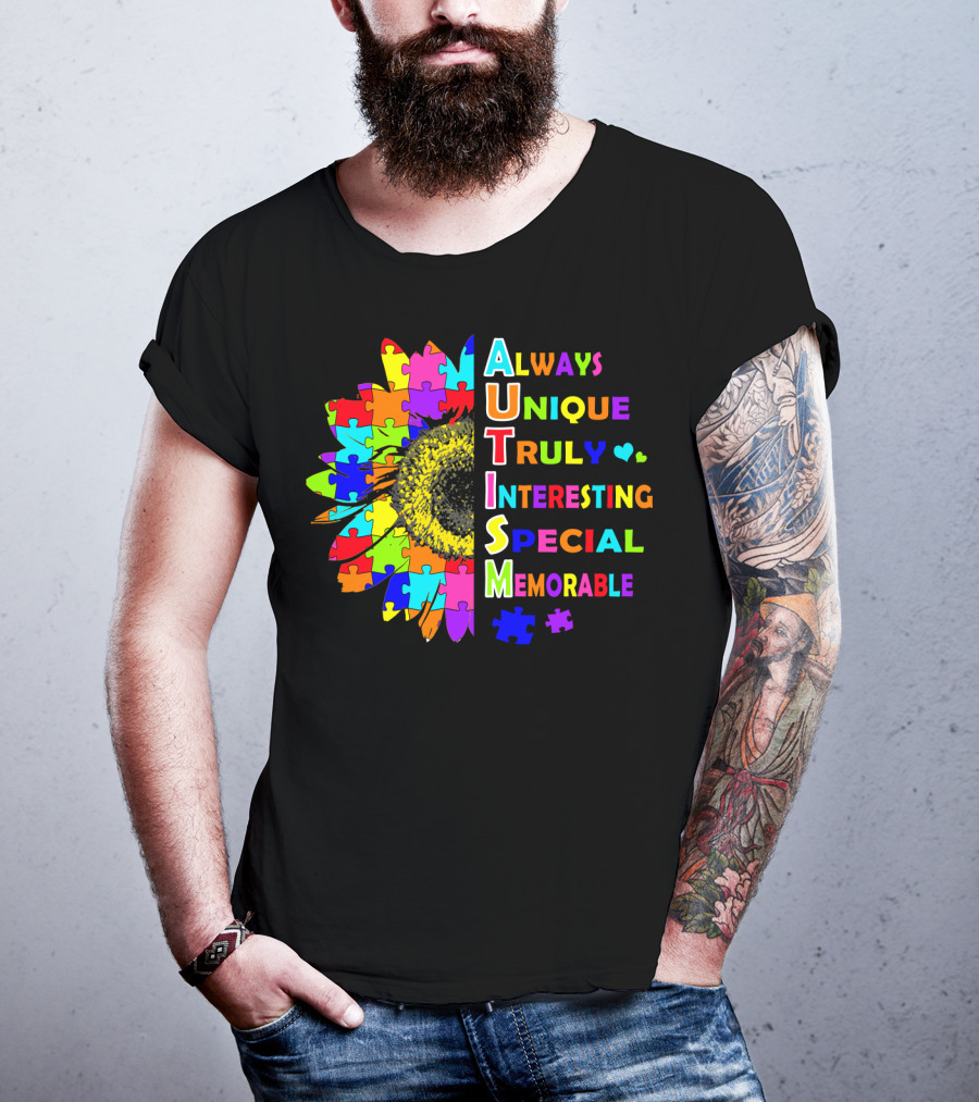 Autism Always Unique Truly Interesting Special Memorable Puzzle Sunflower T-Shirt