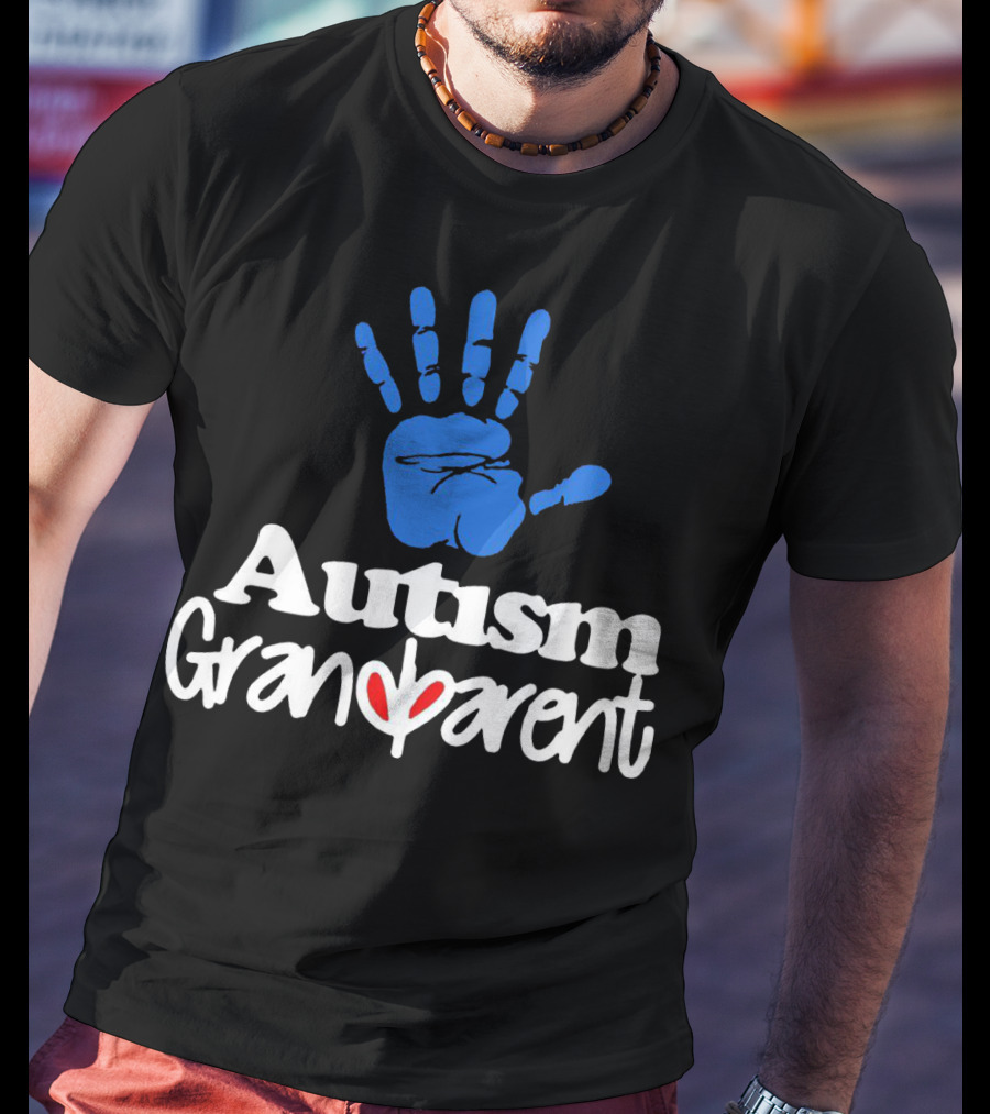 Autism Grandparent Blue Handprint Red Heart Inclusion T-Shirt