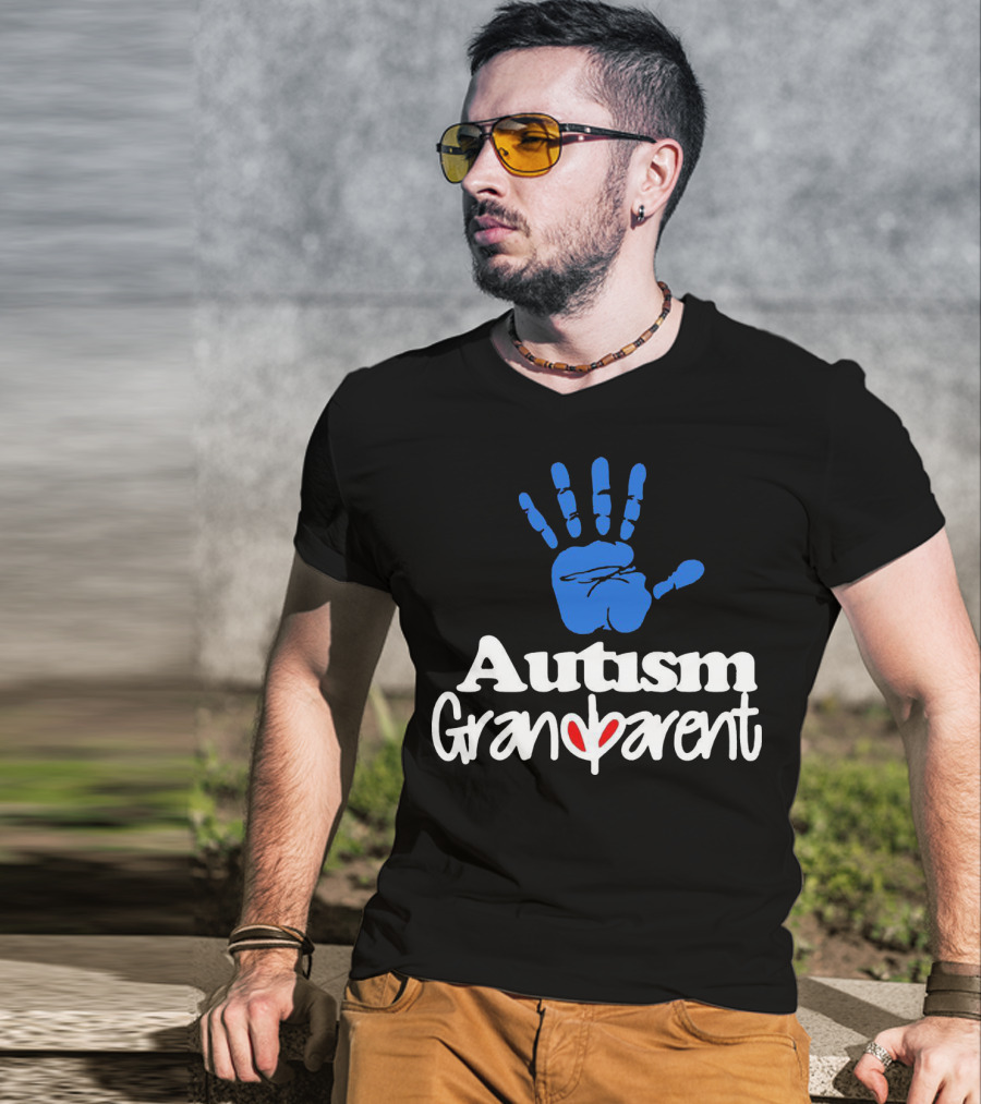 Autism Grandparent Blue Handprint Red Heart Inclusion T-Shirt