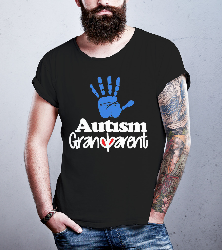 Autism Grandparent Blue Handprint Red Heart Inclusion T-Shirt