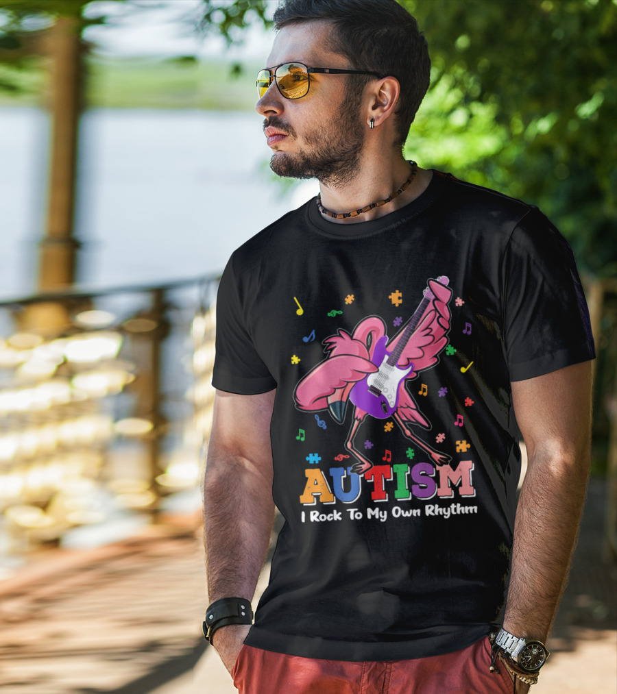Autism I Rock To My Own Rhythm Flamingo With Guitar And Puzzle Pieces T-Shirt