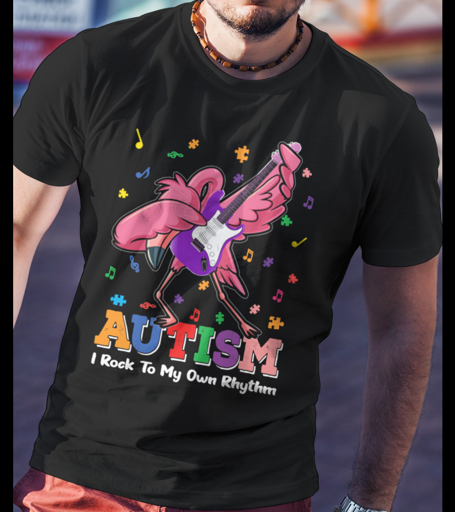 Autism I Rock To My Own Rhythm Flamingo With Guitar And Puzzle Pieces T-Shirt