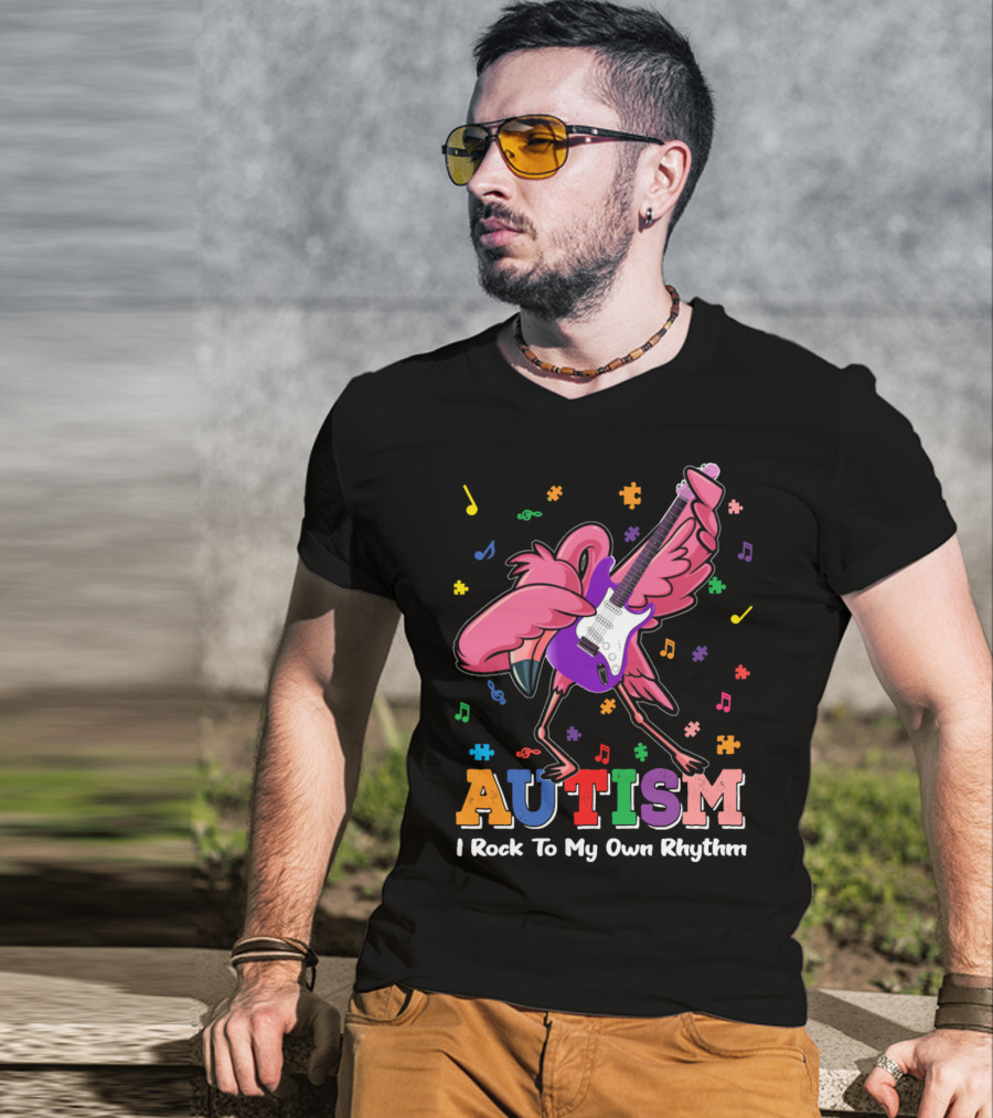 Autism I Rock To My Own Rhythm Flamingo With Guitar And Puzzle Pieces T-Shirt