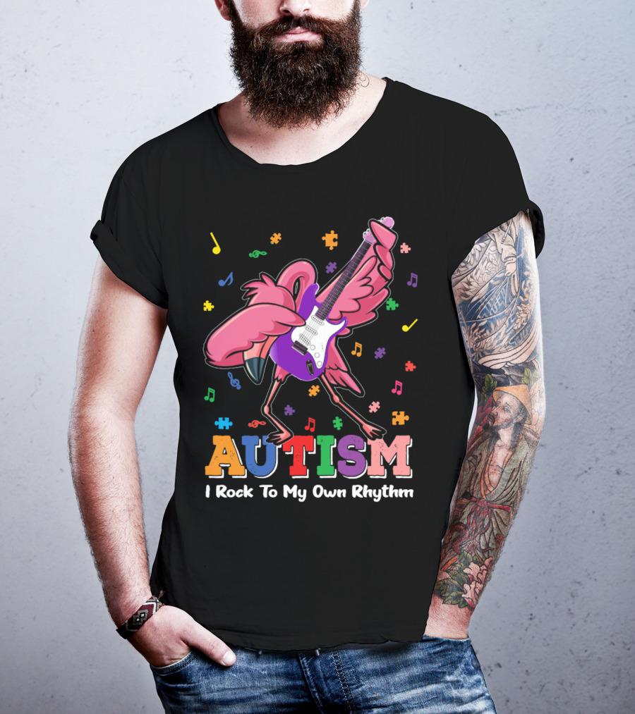 Autism I Rock To My Own Rhythm Flamingo With Guitar And Puzzle Pieces T-Shirt