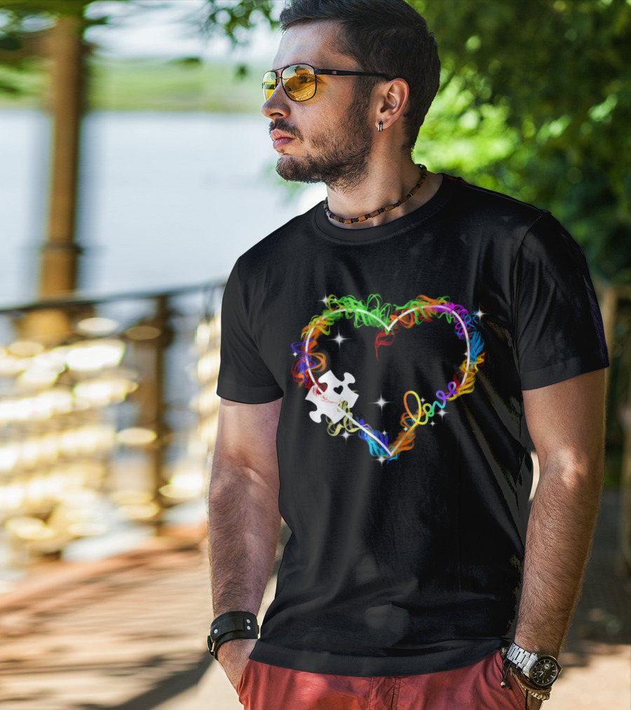 Love Heart Rainbow Puzzle Autism T-Shirt