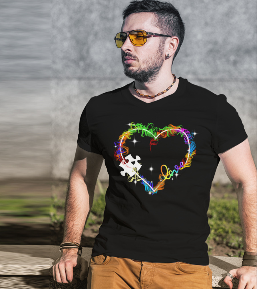 Love Heart Rainbow Puzzle Autism T-Shirt