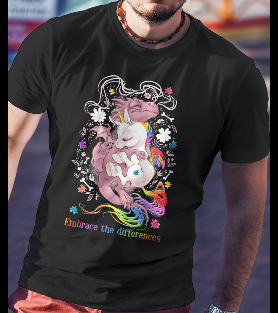 Embrace The Differences Unicorn And Dragon Rainbow Puzzle Flowers T-Shirt