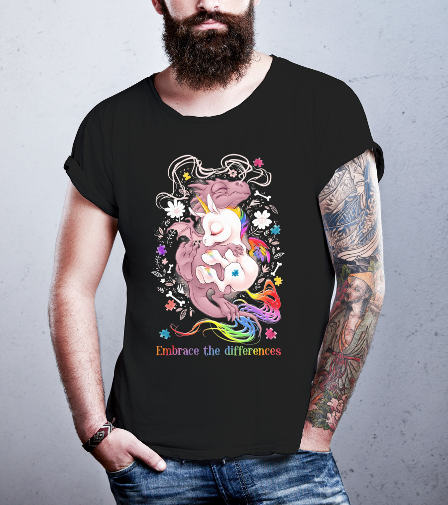 Embrace The Differences Unicorn And Dragon Rainbow Puzzle Flowers T-Shirt