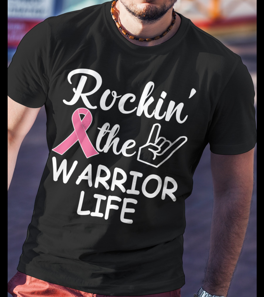 Rockin' The Warrior Life Pink Ribbon Rock Hand T-Shirt