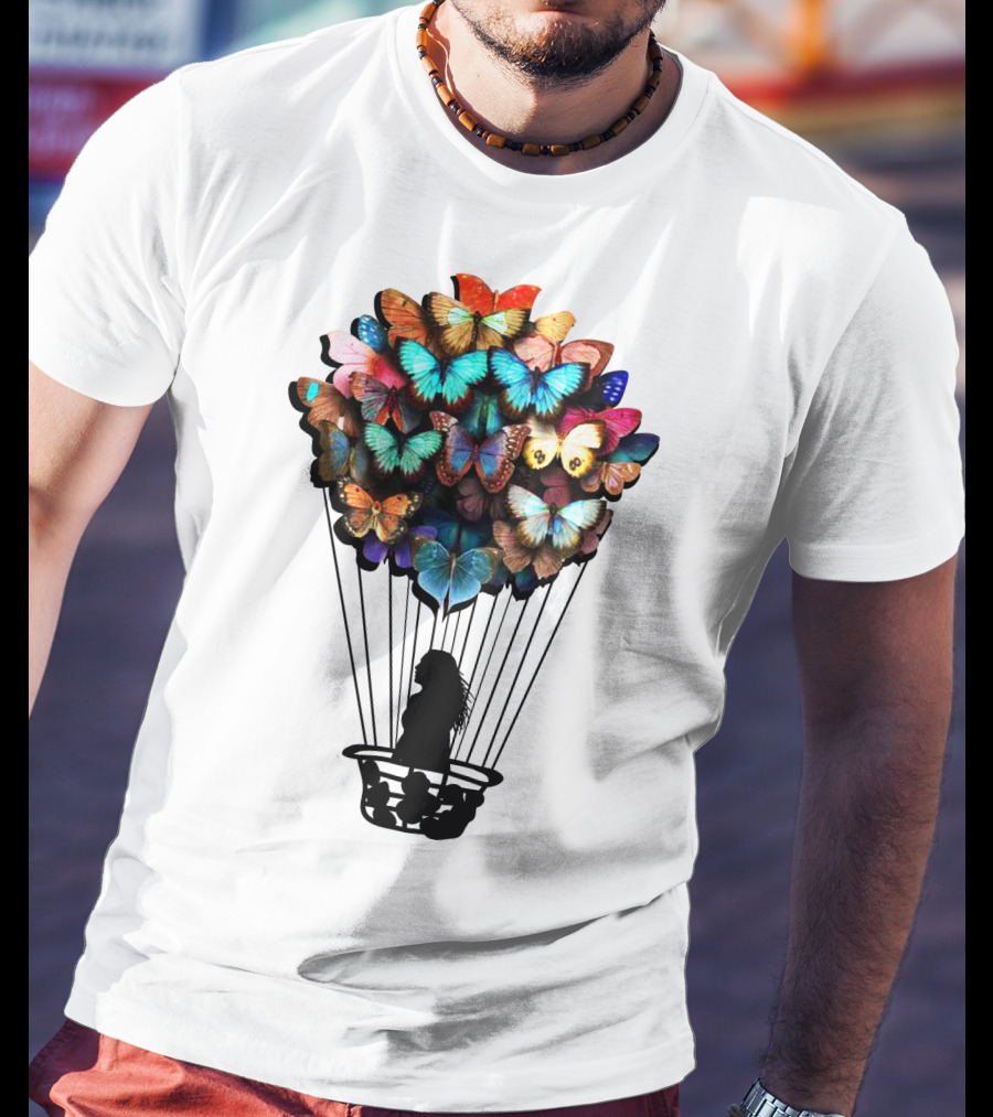 Butterfly BU01 Hot Air Balloon Silhouette With Colorful Wings T-Shirt