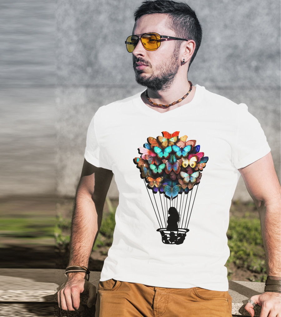Butterfly BU01 Hot Air Balloon Silhouette With Colorful Wings T-Shirt