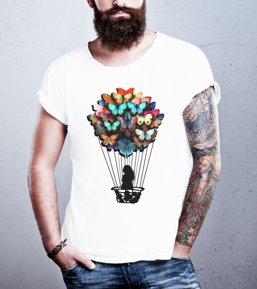 Butterfly BU01 Hot Air Balloon Silhouette With Colorful Wings T-Shirt