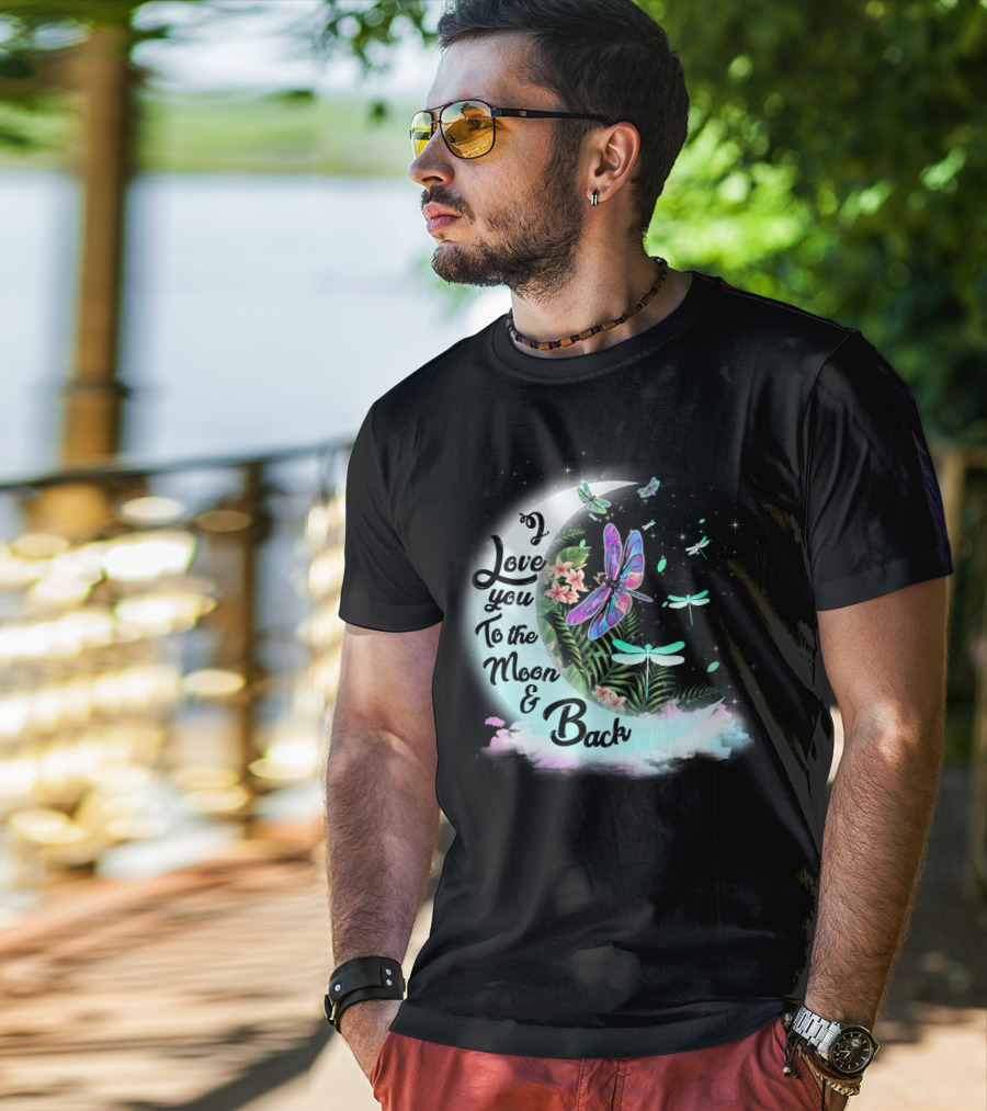 I Love You To The Moon And Back Dragonflies Moonlit Flowers T-Shirt