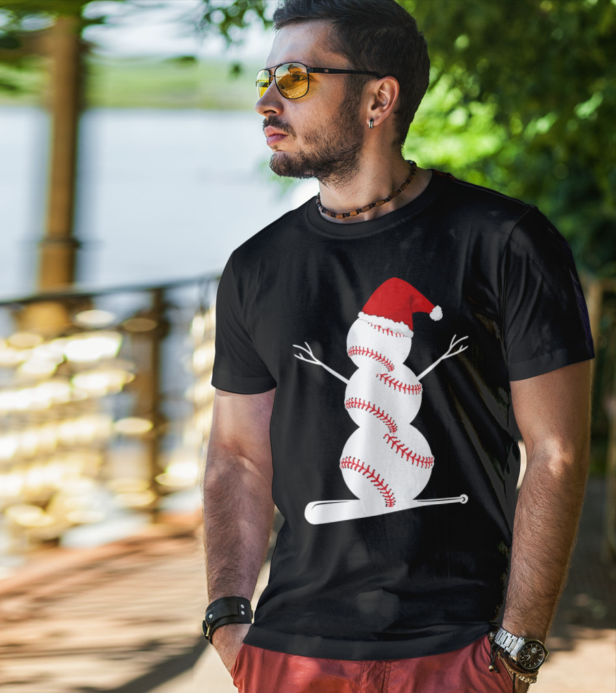 Baseball Snowman Santa Hat Bat Christmas BA01 T-Shirt