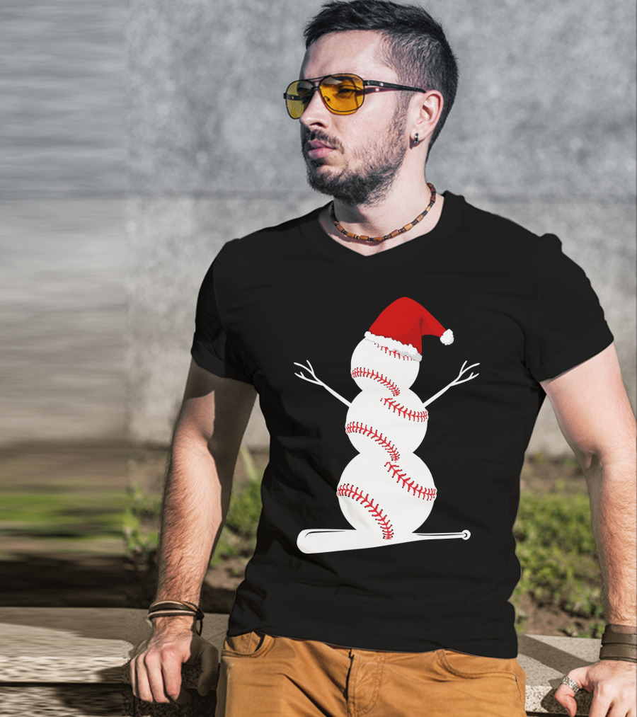Baseball Snowman Santa Hat Bat Christmas BA01 T-Shirt