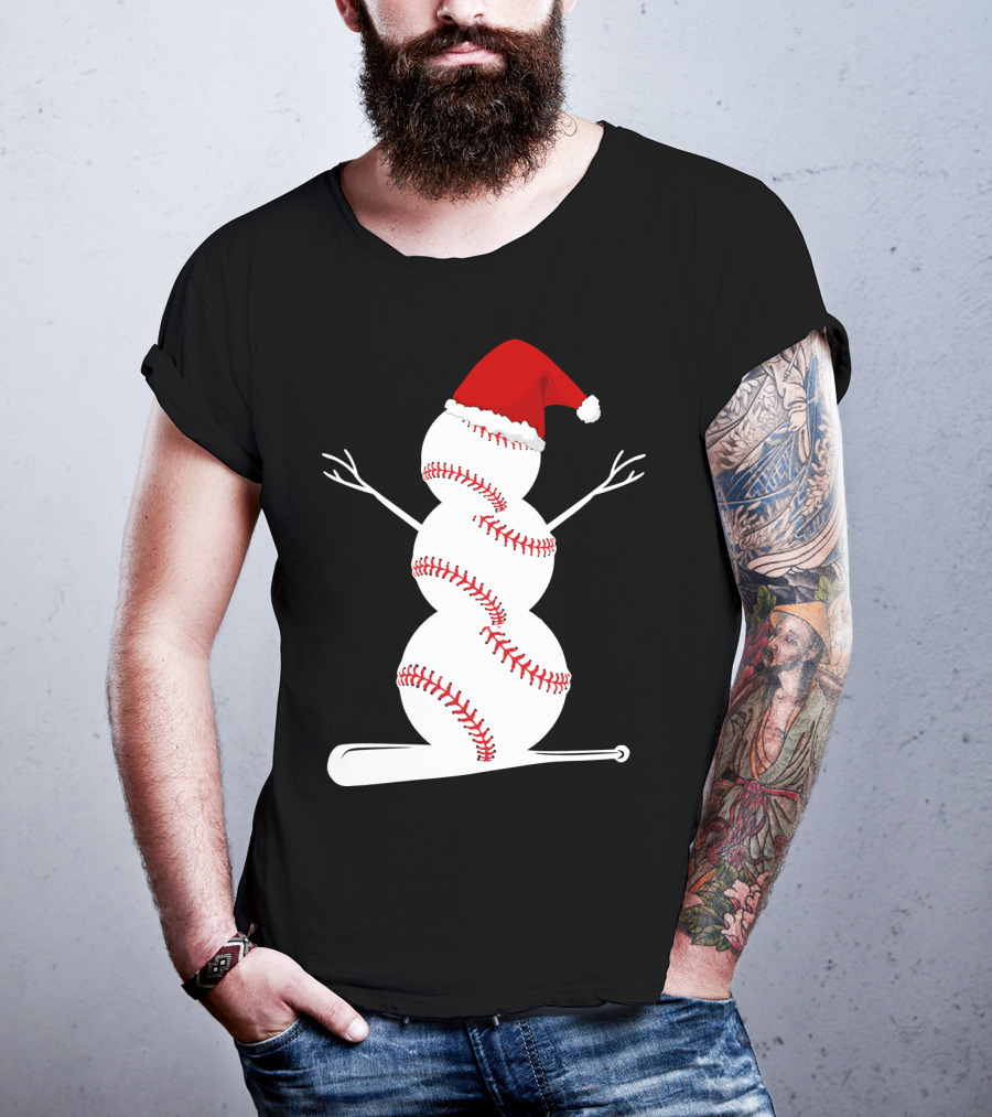 Baseball Snowman Santa Hat Bat Christmas BA01 T-Shirt