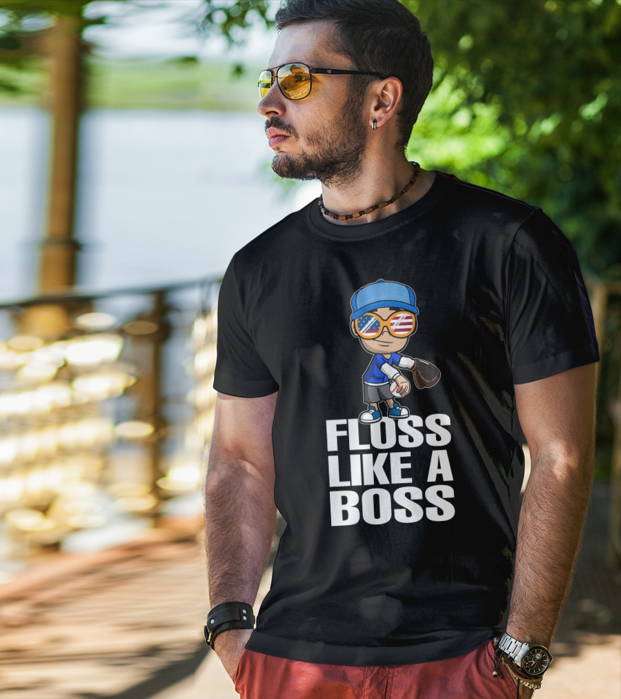 Floss Like A Boss Baseball Player American Flag Sunglasses T-Shirt