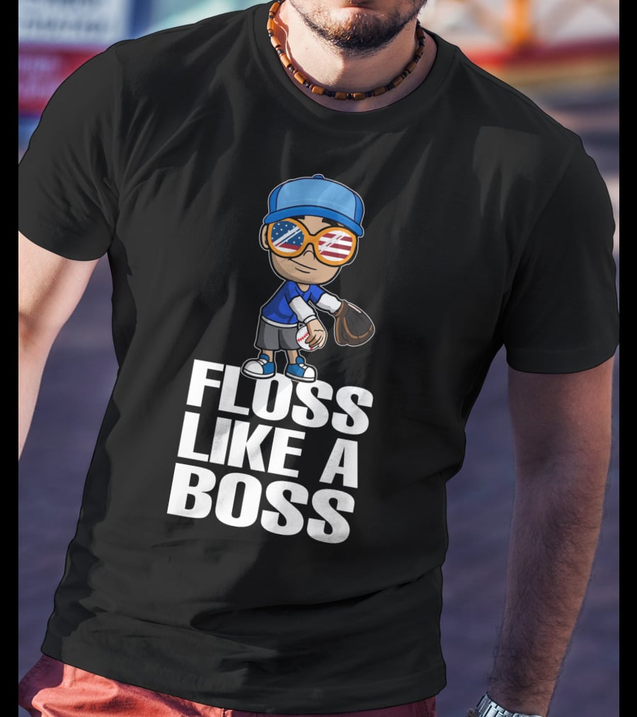 Floss Like A Boss Baseball Player American Flag Sunglasses T-Shirt