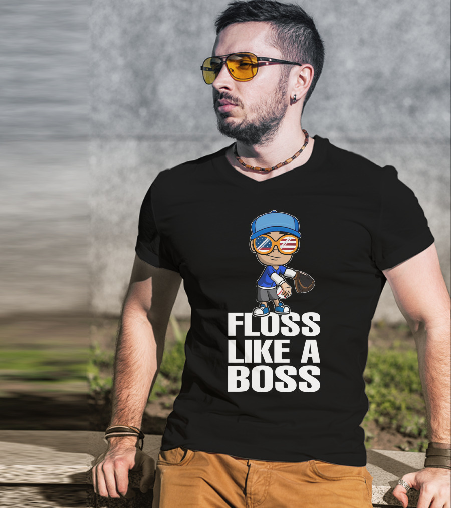 Floss Like A Boss Baseball Player American Flag Sunglasses T-Shirt