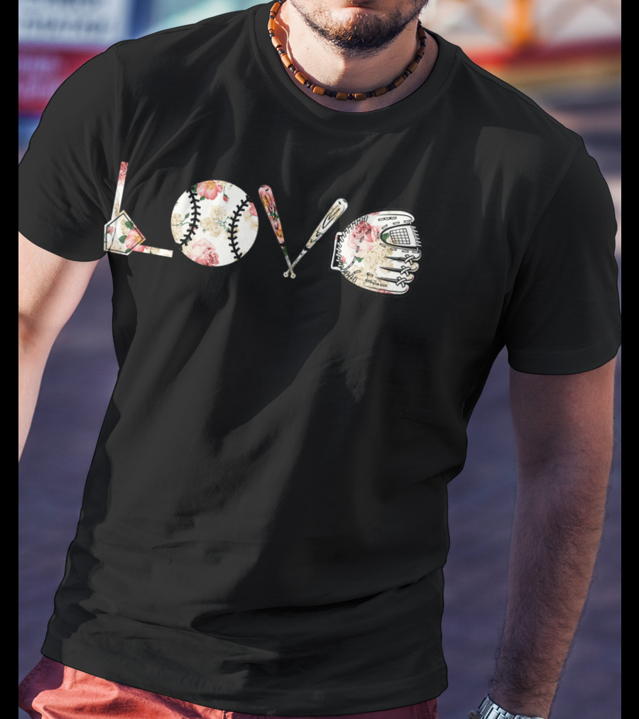 Love Baseball Floral Bat Glove Home Plate T-Shirt