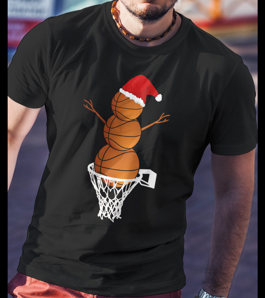 Basketball Snowman With Santa Hat In Hoop T-Shirt