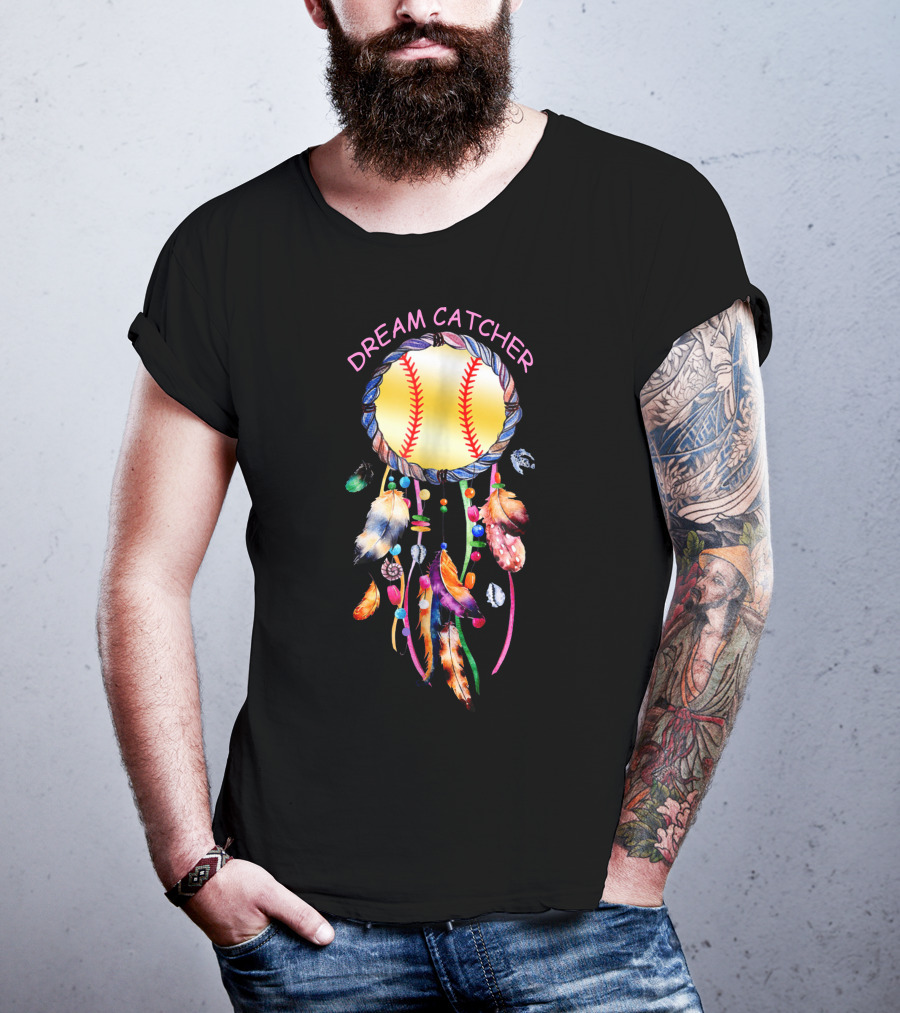 Dream Catcher Softball With Feather And Bead Accents T-Shirt