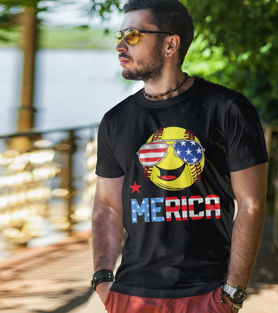 Softball MERICA Smiling Baseball With American Flag Sunglasses T-Shirt
