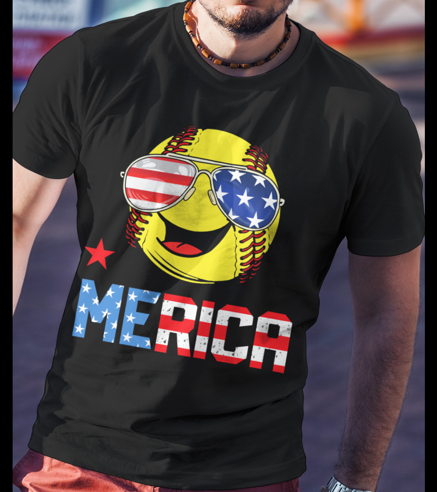 Softball MERICA Smiling Baseball With American Flag Sunglasses T-Shirt