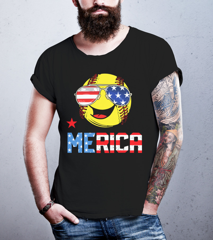 Softball MERICA Smiling Baseball With American Flag Sunglasses T-Shirt