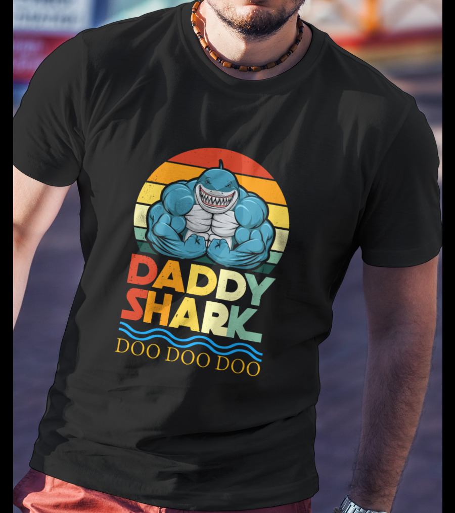 Daddy Shark Doo Doo Doo Retro Weight Lifting Shark T-Shirt