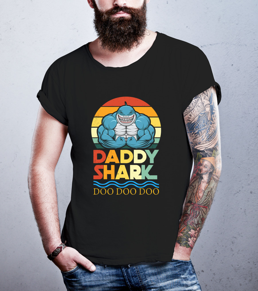 Daddy Shark Doo Doo Doo Retro Weight Lifting Shark T-Shirt