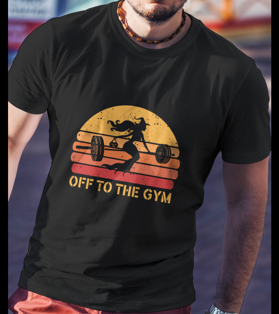Witch Lifting Weights Off To The Gym Retro Sunset Fitness T-Shirt