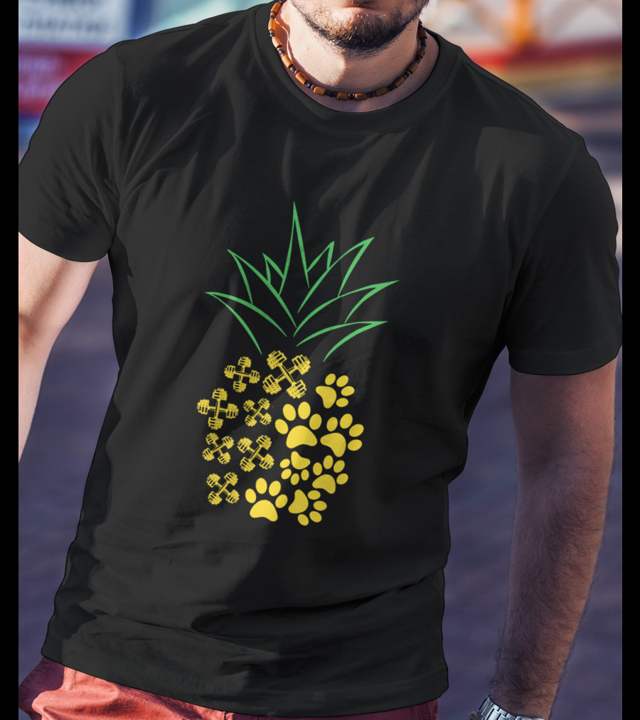Weight Lifting Pineapple With Dumbbells And Paw Prints T-Shirt