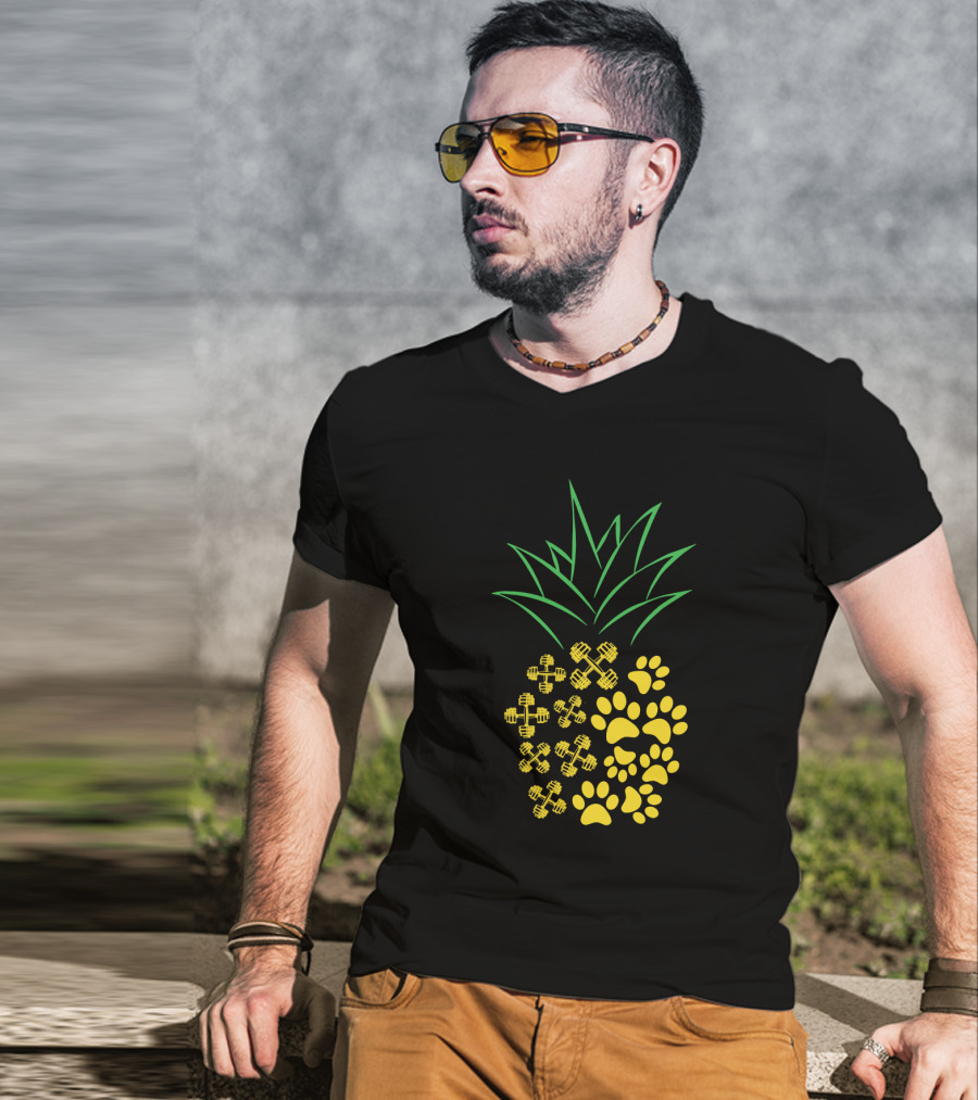 Weight Lifting Pineapple With Dumbbells And Paw Prints T-Shirt