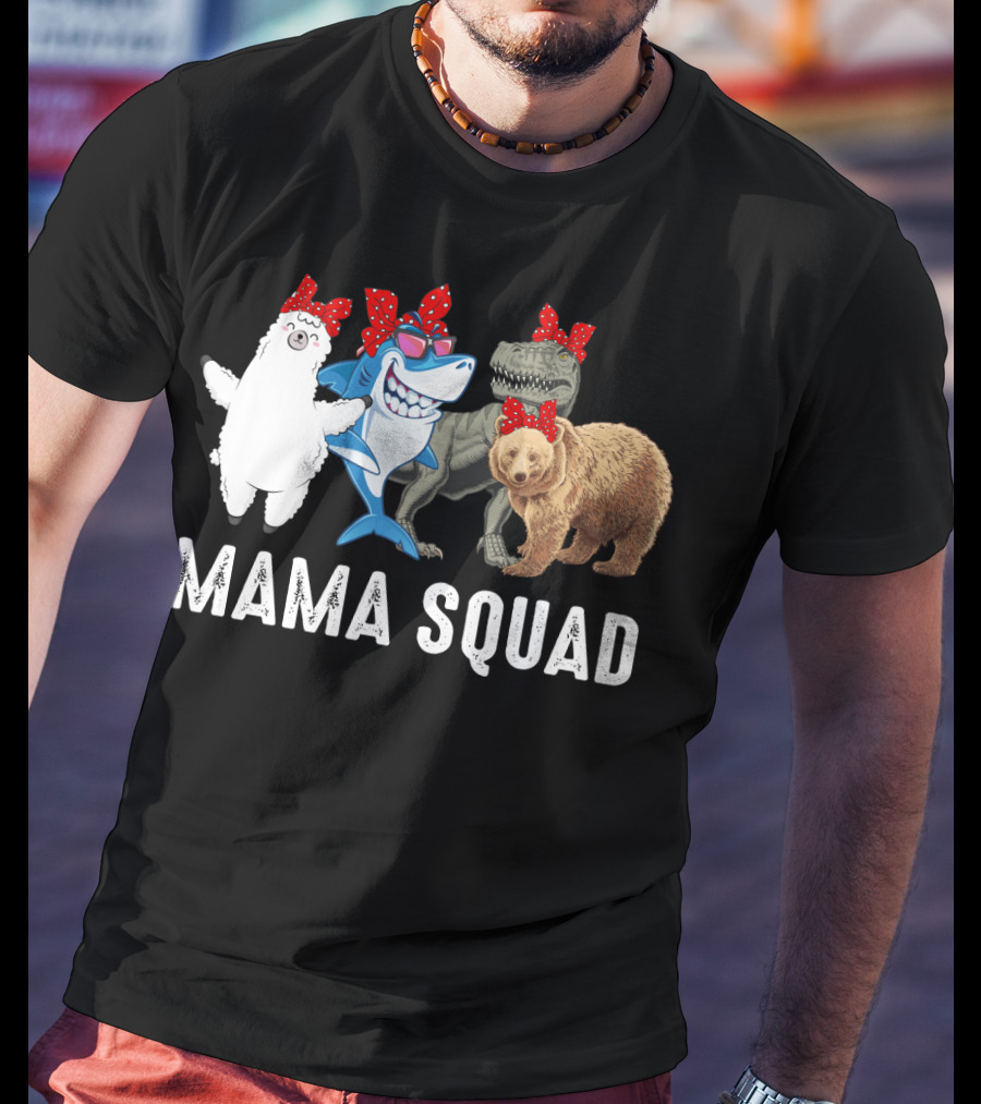 Mama Squad Llama Shark T-Rex Bear Red Bandana T-Shirt