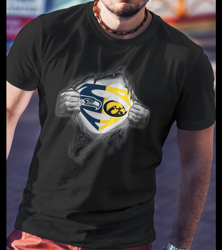 Seattle Seahawks Iowa Hawkeyes Superman Emblem Fusion T-Shirt