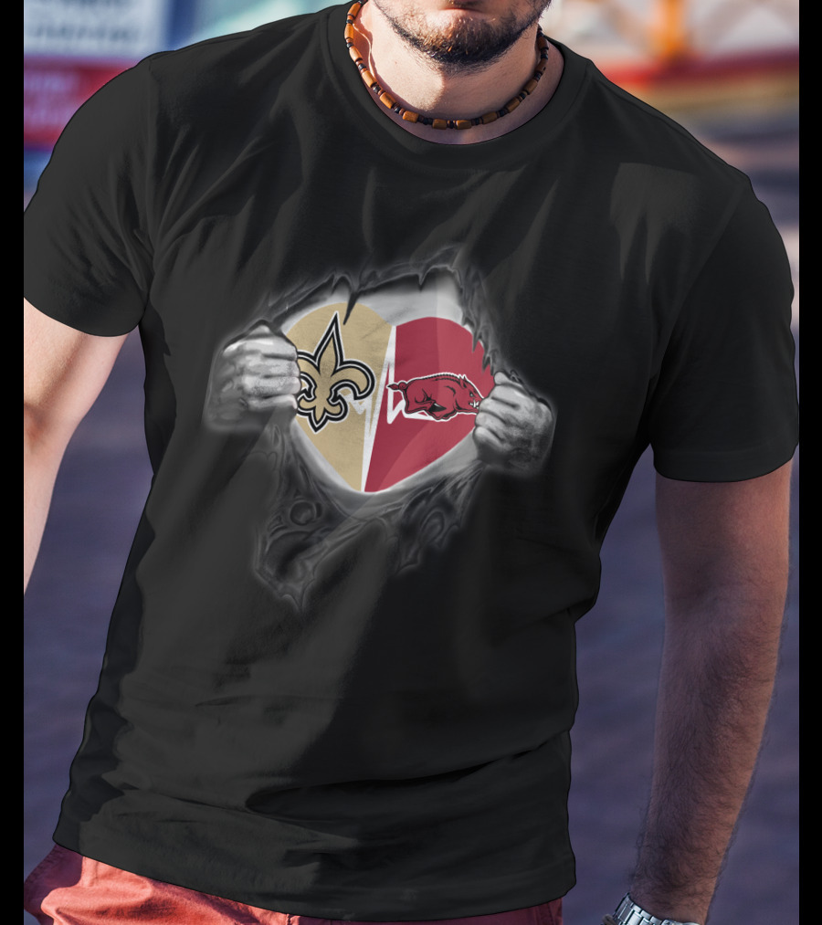 New Orleans Saints Arkansas Razorbacks Heartbeat Loyalty Fan Crossover T-Shirt