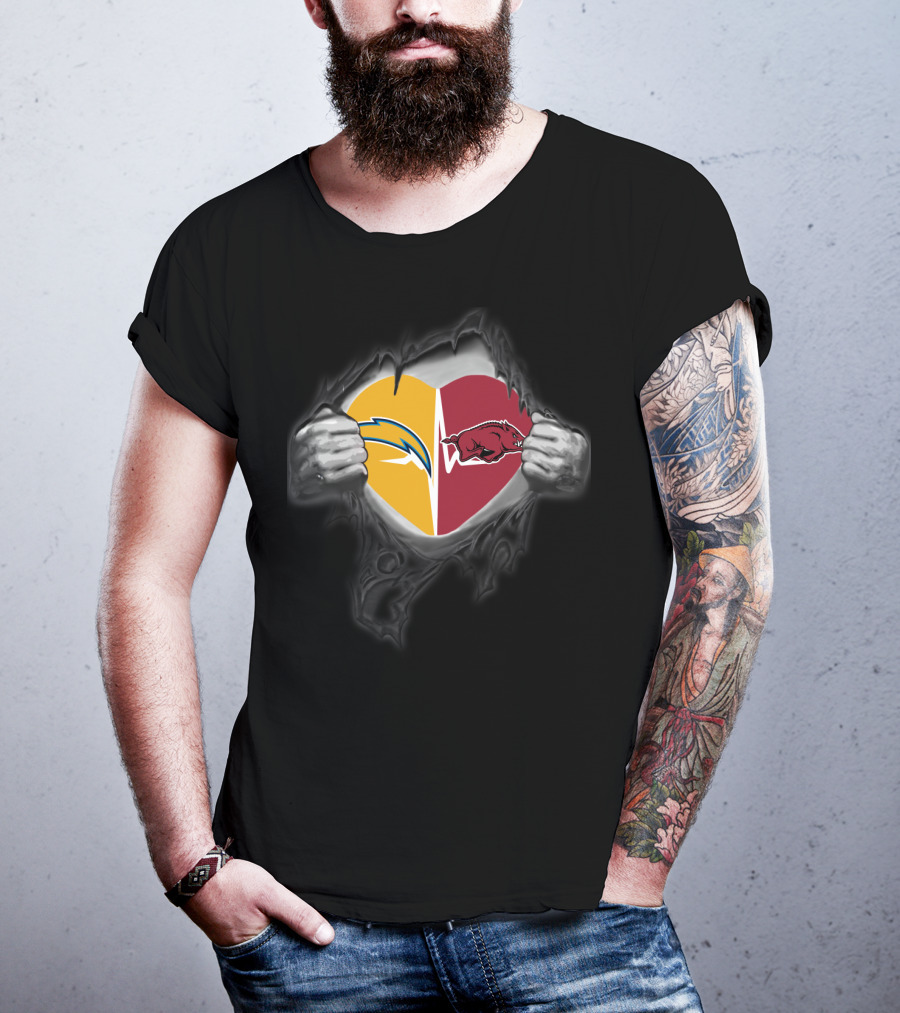 Los Angeles Chargers Arkansas Razorbacks Heart Tear Logo Fusion T-Shirt