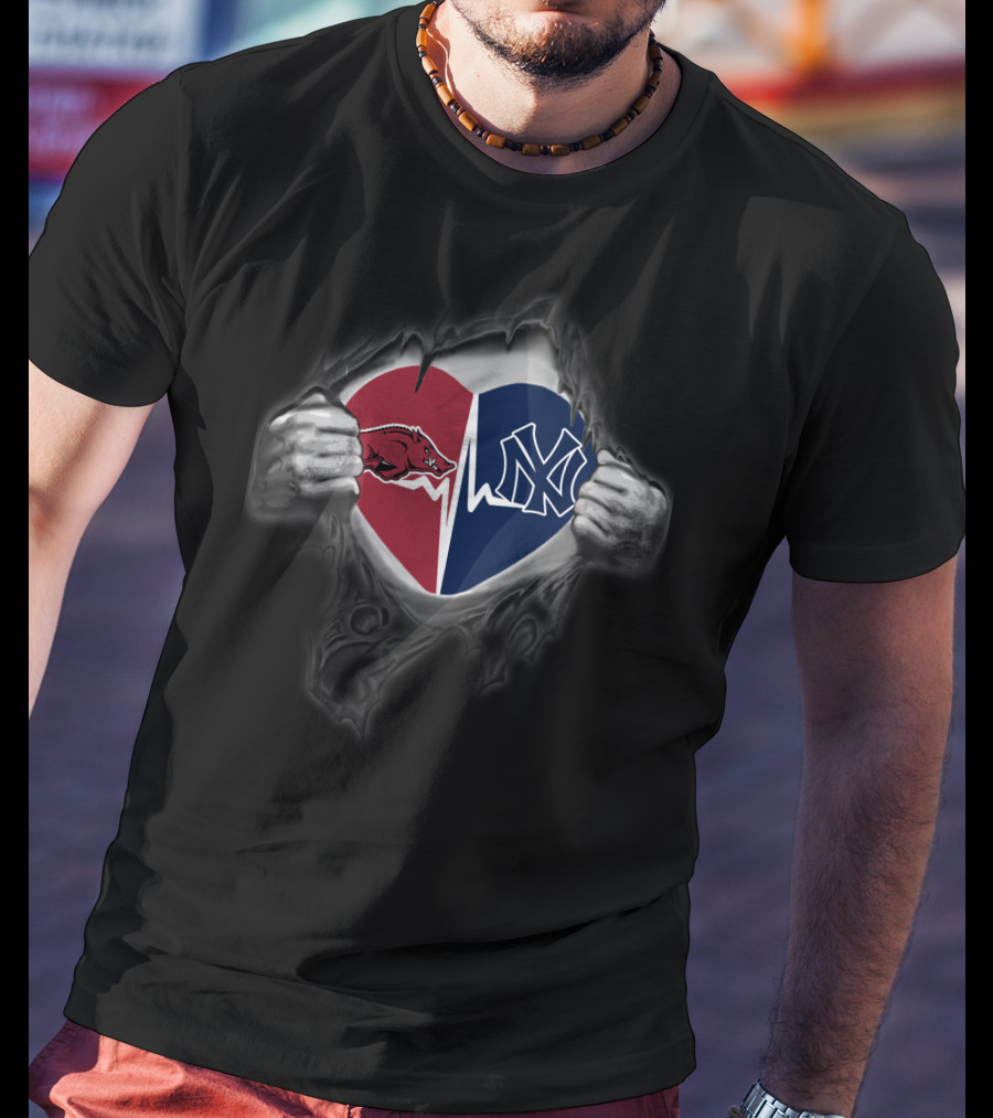 Arkansas Razorbacks New York Yankees Heartbeat Fusion T-Shirt